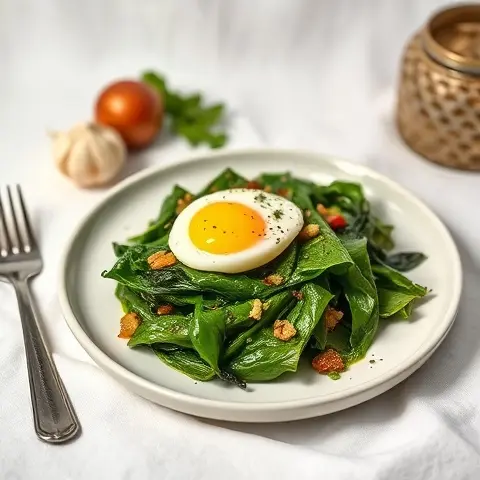 Sautéed Swiss Chard with Garlic and Poached Egg