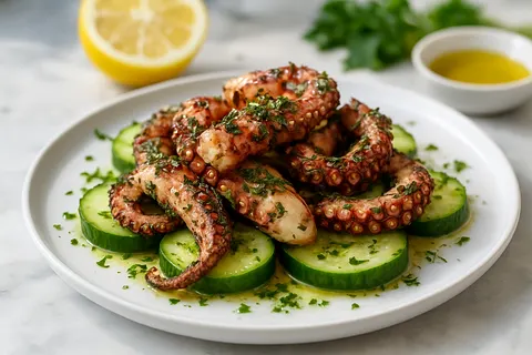 Herb-Marinated Grilled Octopus on Cucumber Rounds