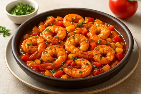 Sizzling Shrimp Güveç Bites with Tomato and Pepper