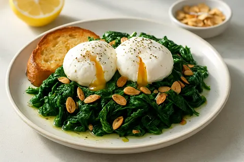 Poached Eggs over Sautéed Spinach and Garlic with Toasted Almonds