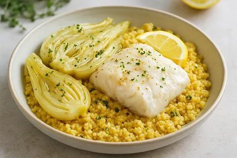 Nutritious Millet & Braised Fennel Bowl with Poached Fish