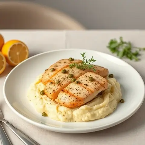Lemon-Caper Chicken Piccata over Cauliflower Mash