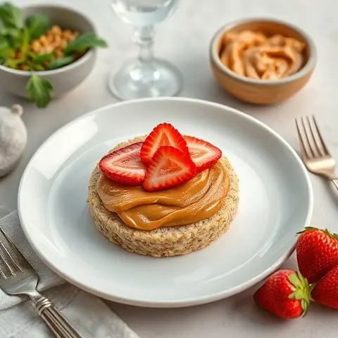 Nutritious Rice Cake “Toast” with Peanut Butter and Strawberry Slices