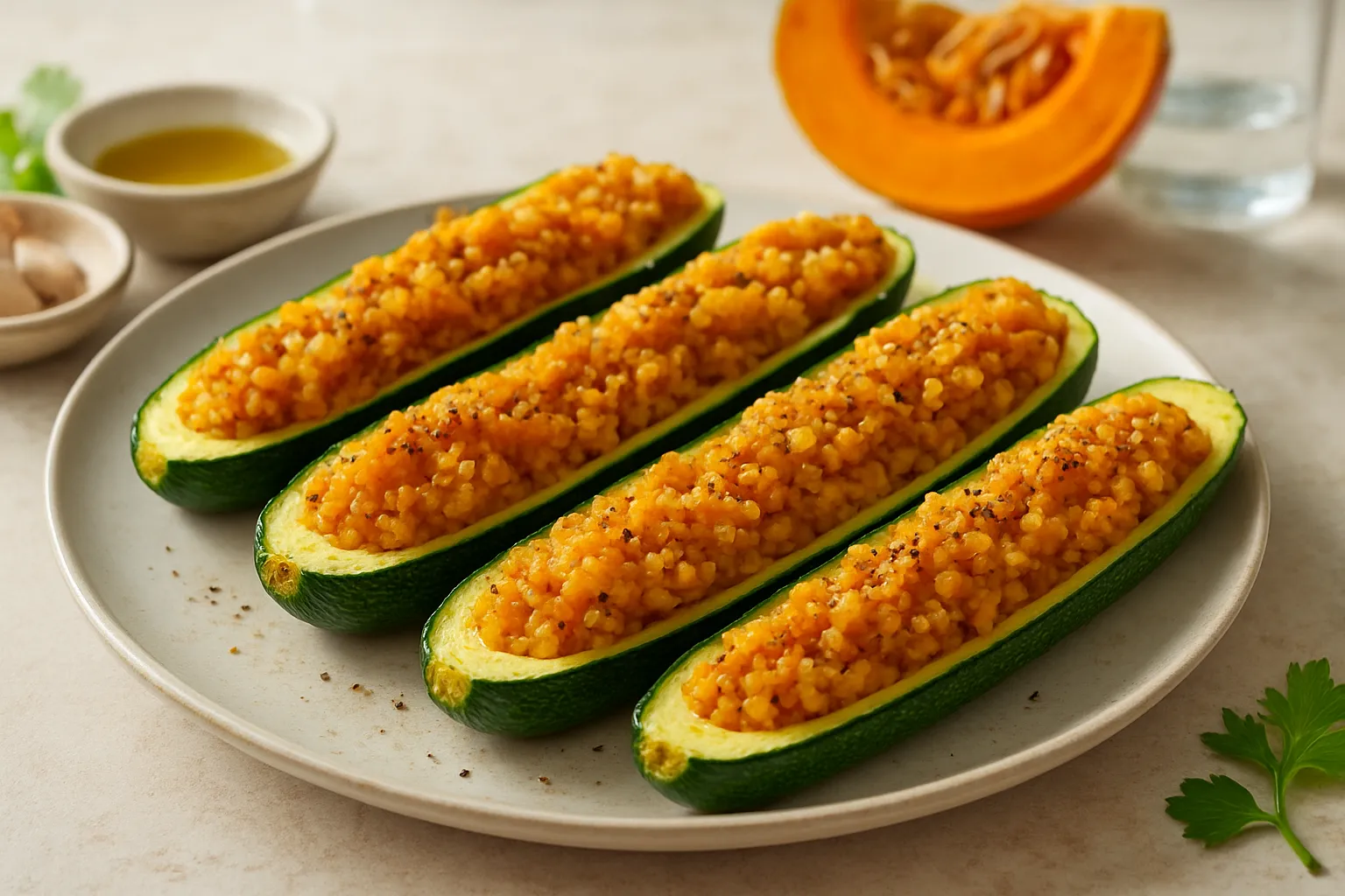 Roasted Pumpkin & Millet-Stuffed Zucchini Boats