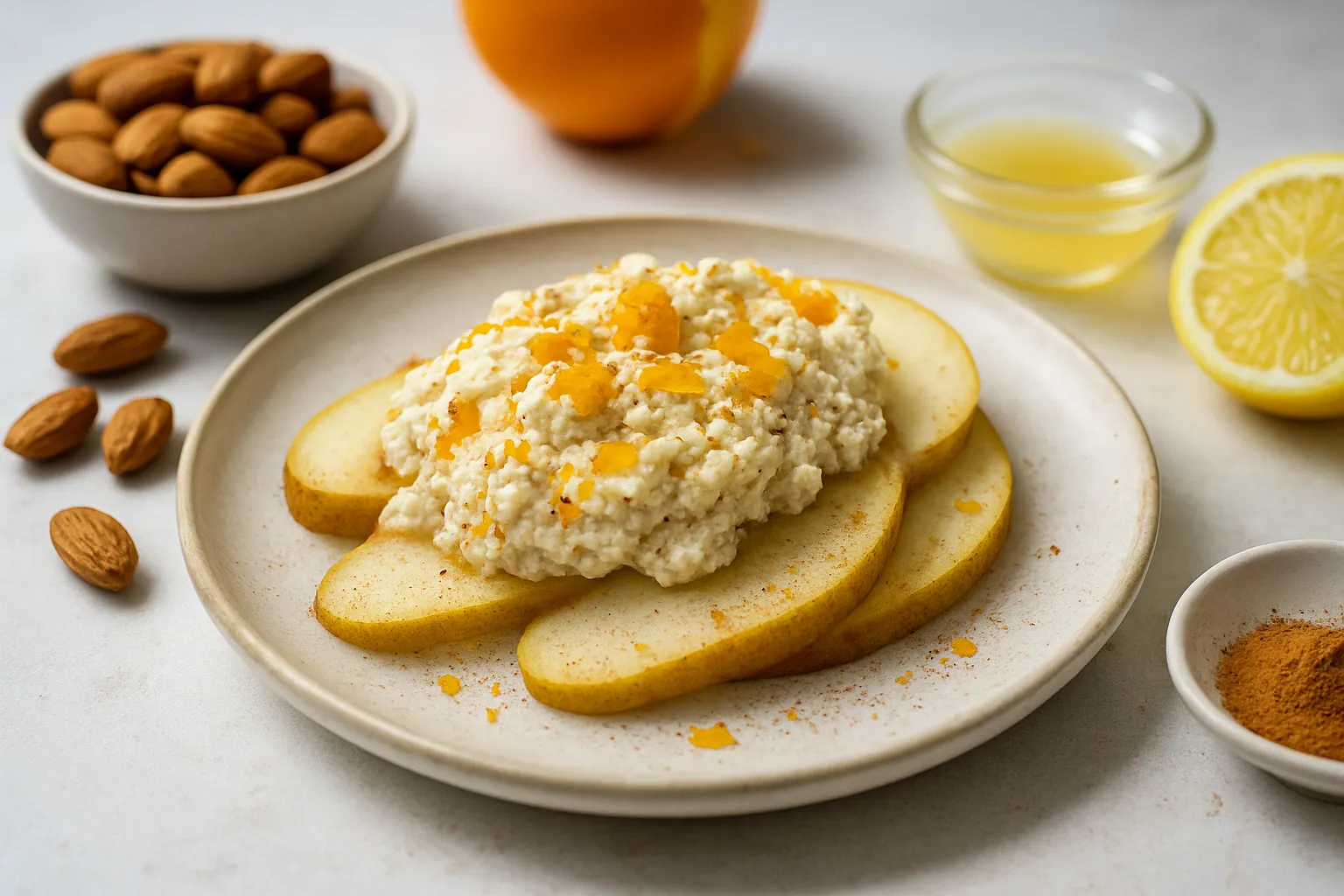 Orange-Zest Cottage-Style Almond Ricotta on Sliced Pear