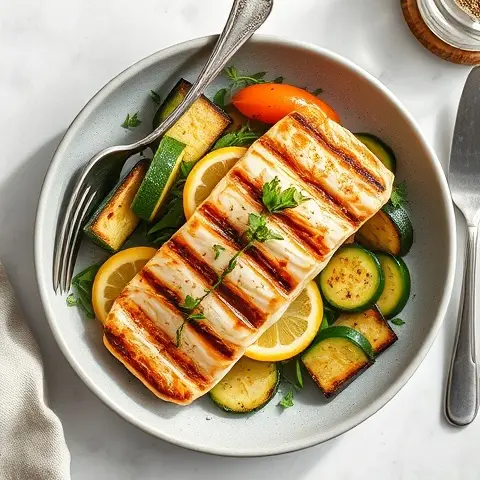 Grilled Swordfish with Roasted Zucchini & Lemon
