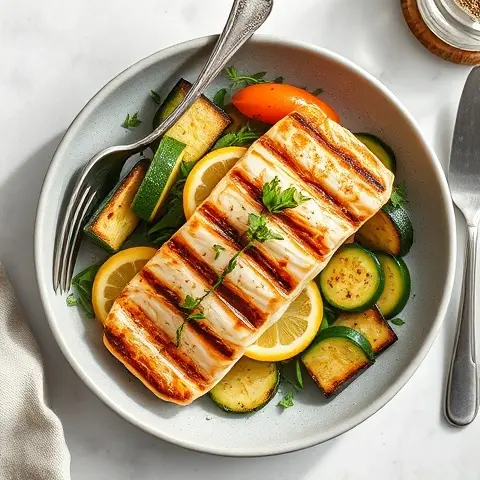Grilled Swordfish with Roasted Zucchini & Lemon