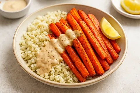 Roasted Carrot and Tahini Bowl with Cauliflower Rice