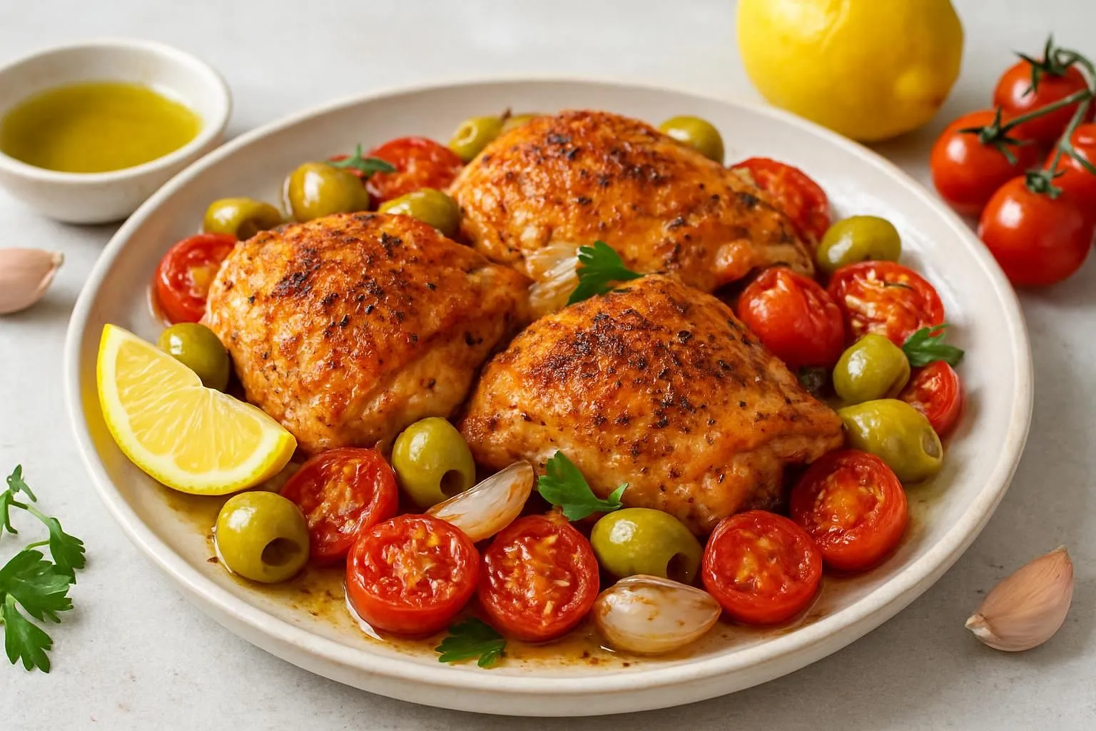 Fırında Tavuk with Cherry Tomatoes, Shallots and Green Olives
