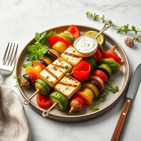 Grilled Vegetable & Halloumi Skewers with Yogurt Dip
