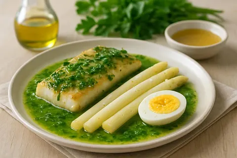 Merluza a la Vasca — Hake in Garlicky Green Parsley Sauce with White Asparagus and Egg