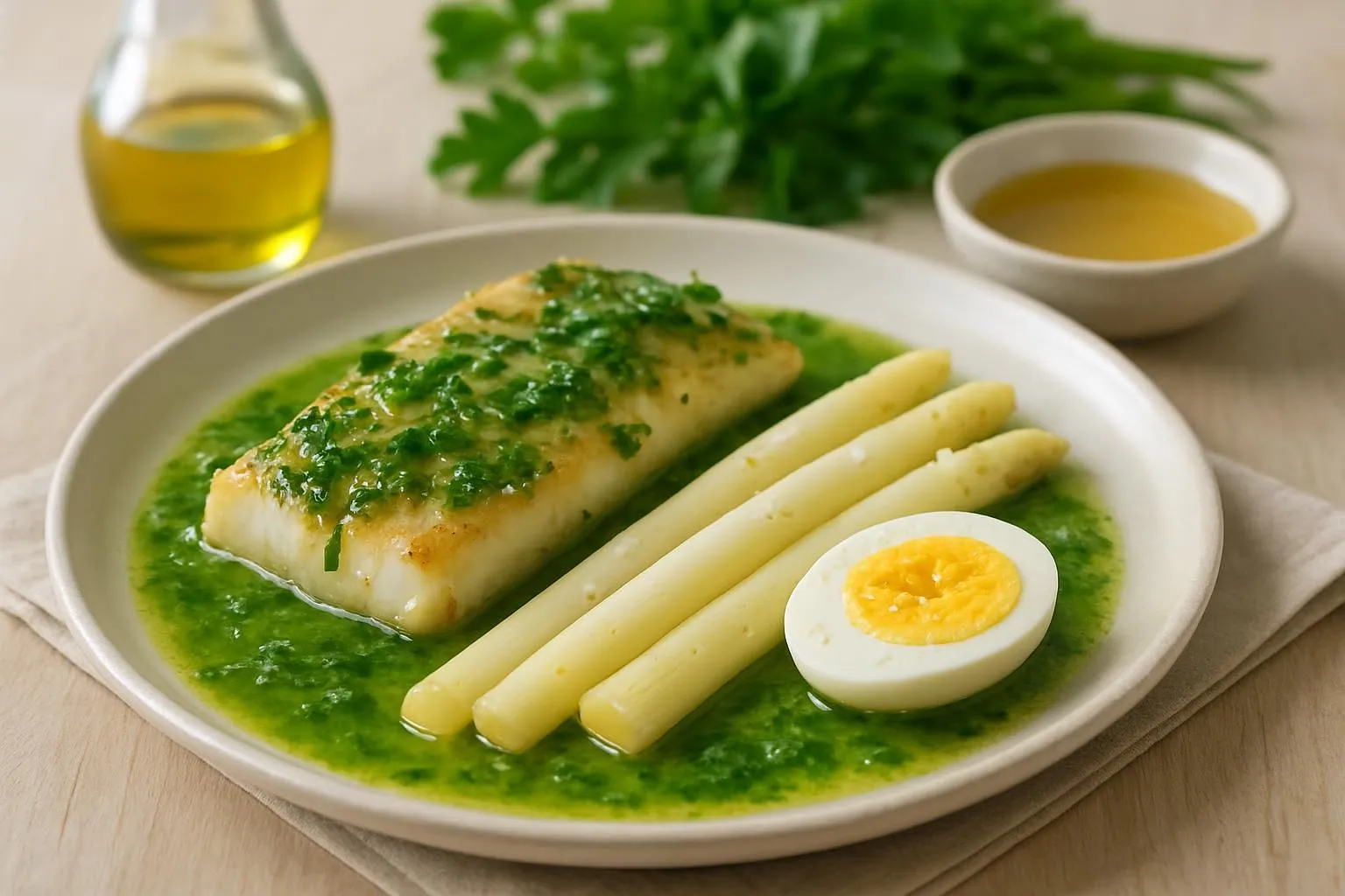 Merluza a la Vasca — Hake in Garlicky Green Parsley Sauce with White Asparagus and Egg