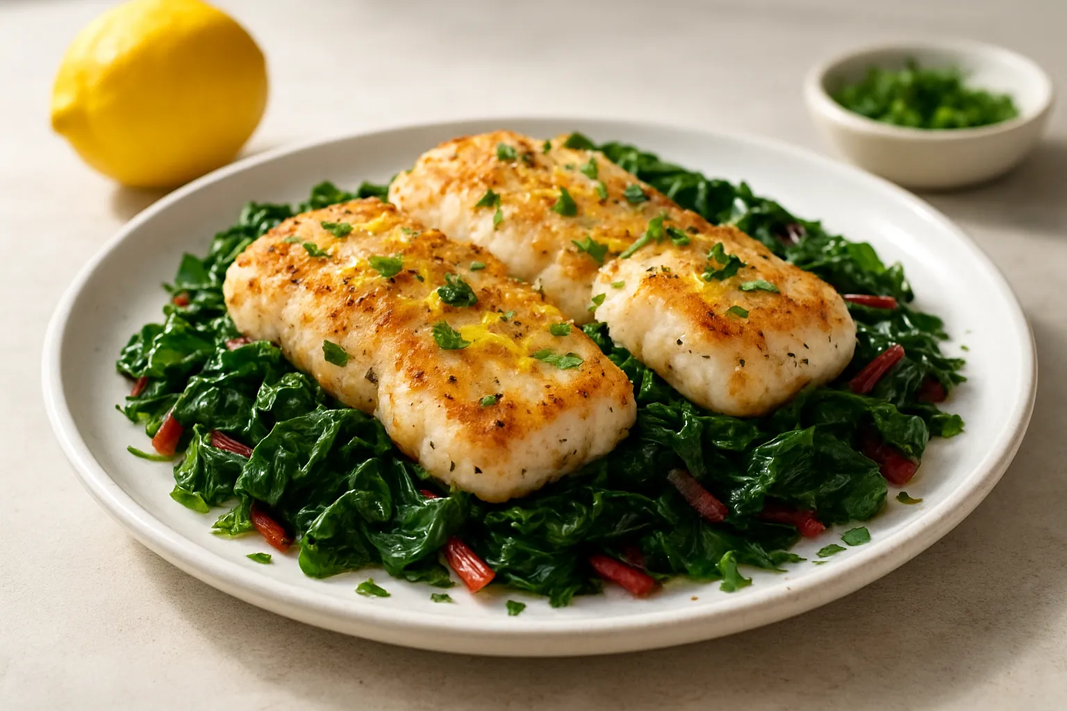 Lemon-Garlic Monkfish with Sautéed Chard