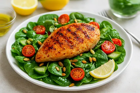 Grilled Chicken with Roasted Pumpkin Seed & Spinach Salad