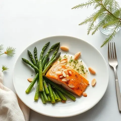 Mediterranean Salmon & Asparagus Sheet-Pan with Almonds