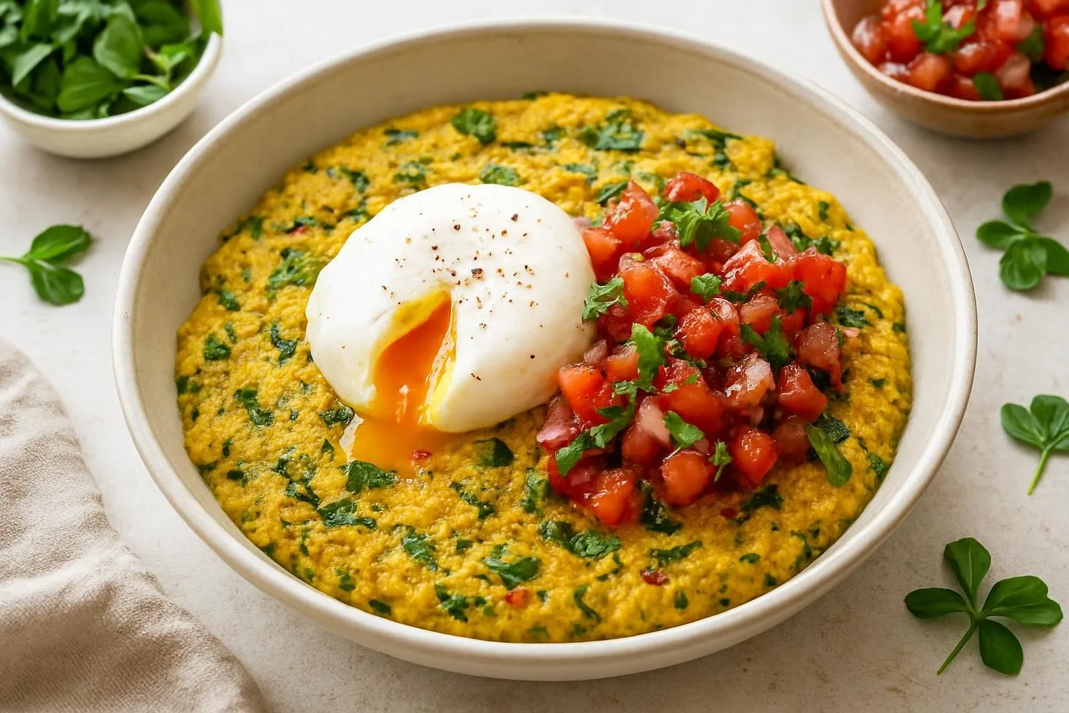 Fenugreek & Besan Savory Breakfast Bowl with Poached Egg and Tomato Salsa