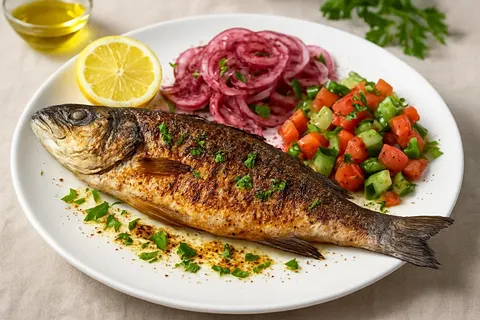 Kömür Ateşinde Levrek — Charcoal-Grilled Whole Sea Bass with Sumac Onions and Tomato-Cucumber Salad