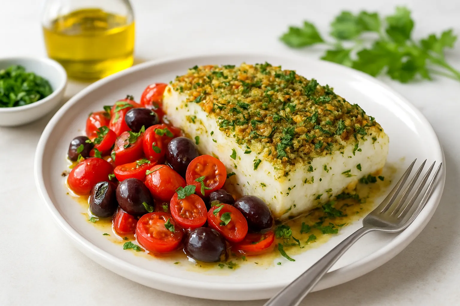 Herb‑Crusted Cod with Tomato‑Olive Relish
