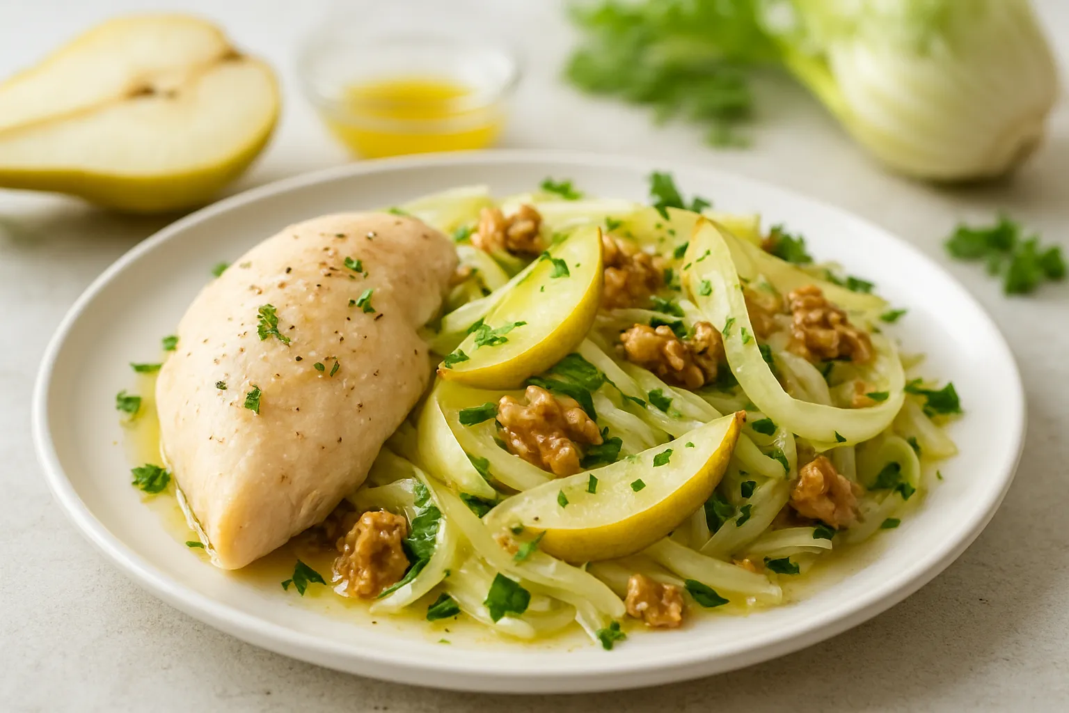 Poached Chicken with Warm Fennel & Pear Salad