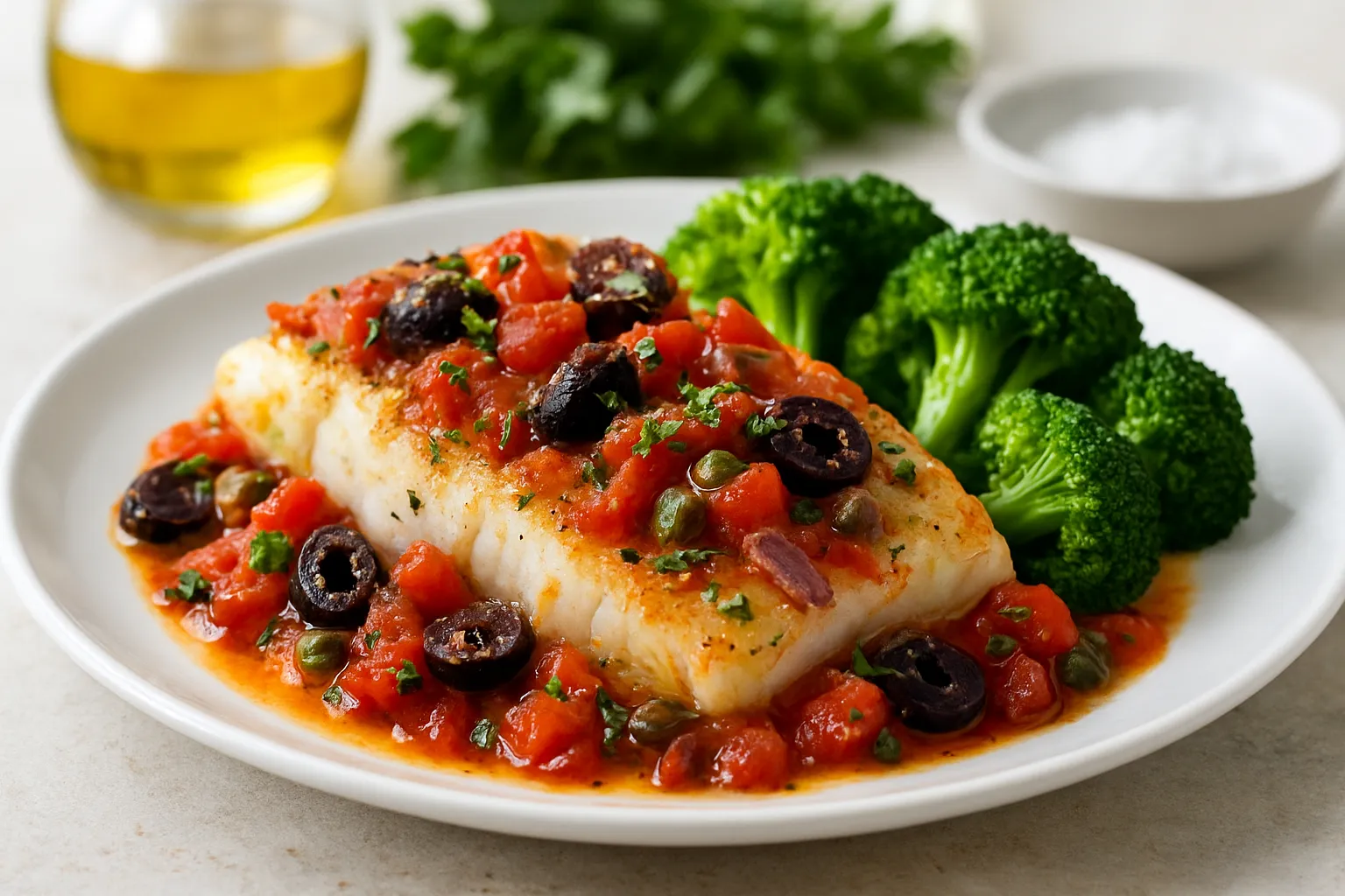 Mediterranean Baked Cod with Tomato-Olive Ragout and Steamed Broccoli