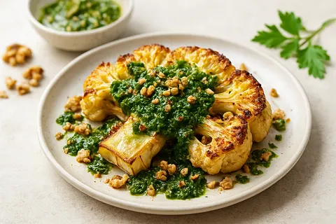 Roasted Cauliflower Steak with Chimichurri and Walnut Crumble