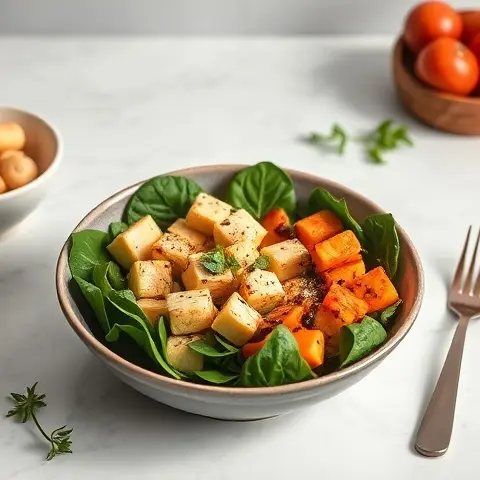 Tofu and Spinach Breakfast Bowl with Olive Oil