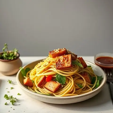 Ginger-Tamari Zoodle Salad with Sesame Tofu