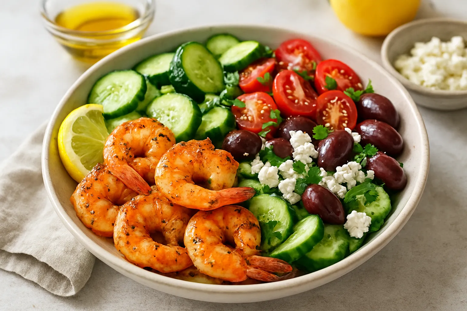 Greek-Style Shrimp Bowls with Cucumber, Olives, and Feta