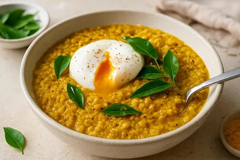 Spiced Amaranth & Moong Dal Savory Porridge with Poached Egg and Curry Leaf