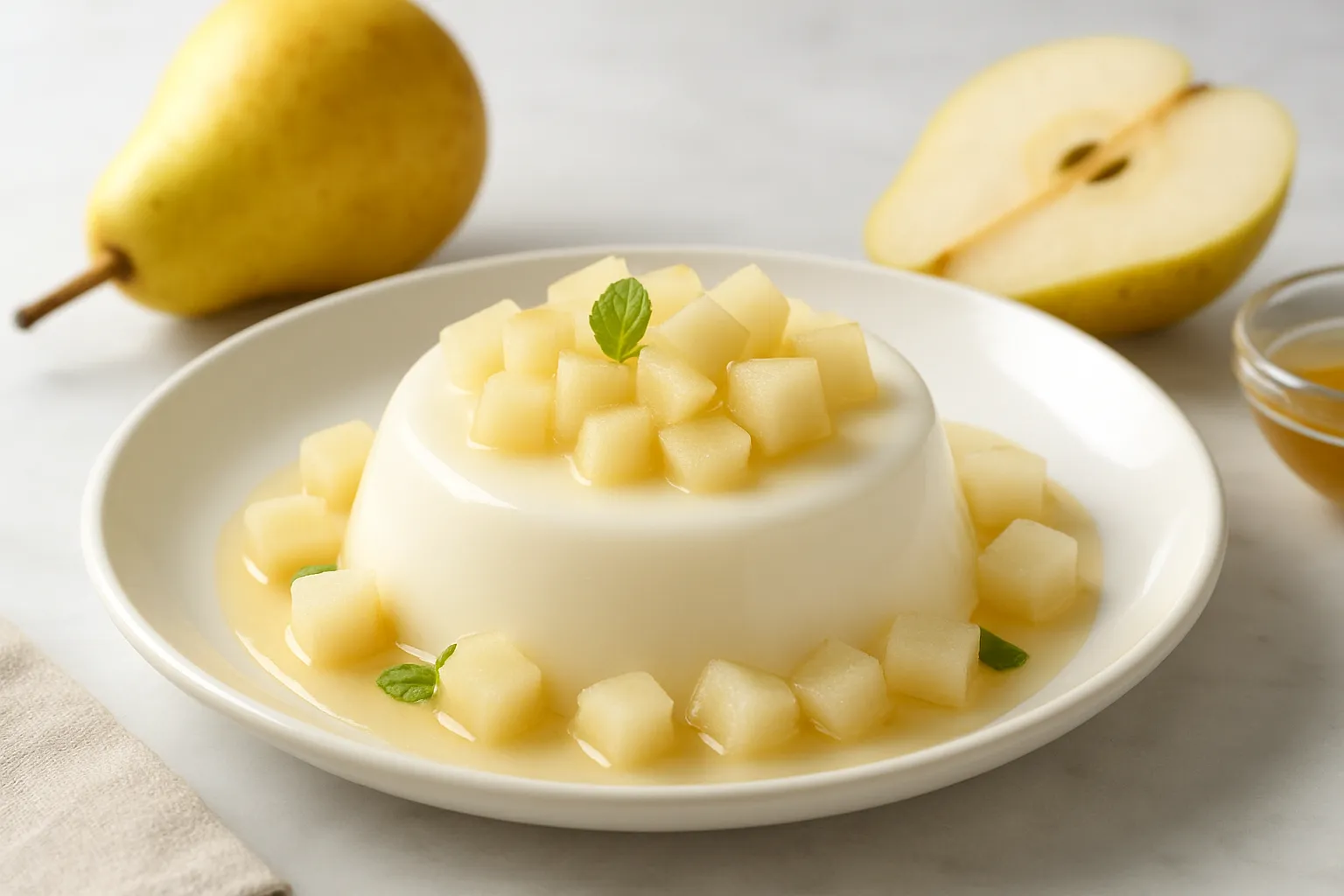 Chilled Coconut Agar Jelly with Pear Cubes