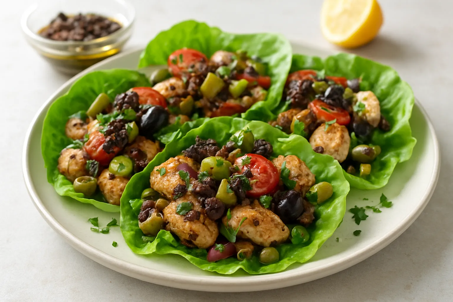Warm Mediterranean Chicken and Olive Tapenade Lettuce Cups