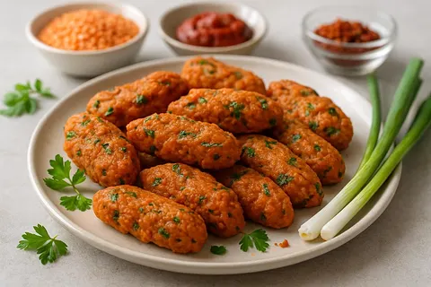 Turkish Kırmızı Mercimek Köftesi with Spring Onion and Dried Red Pepper