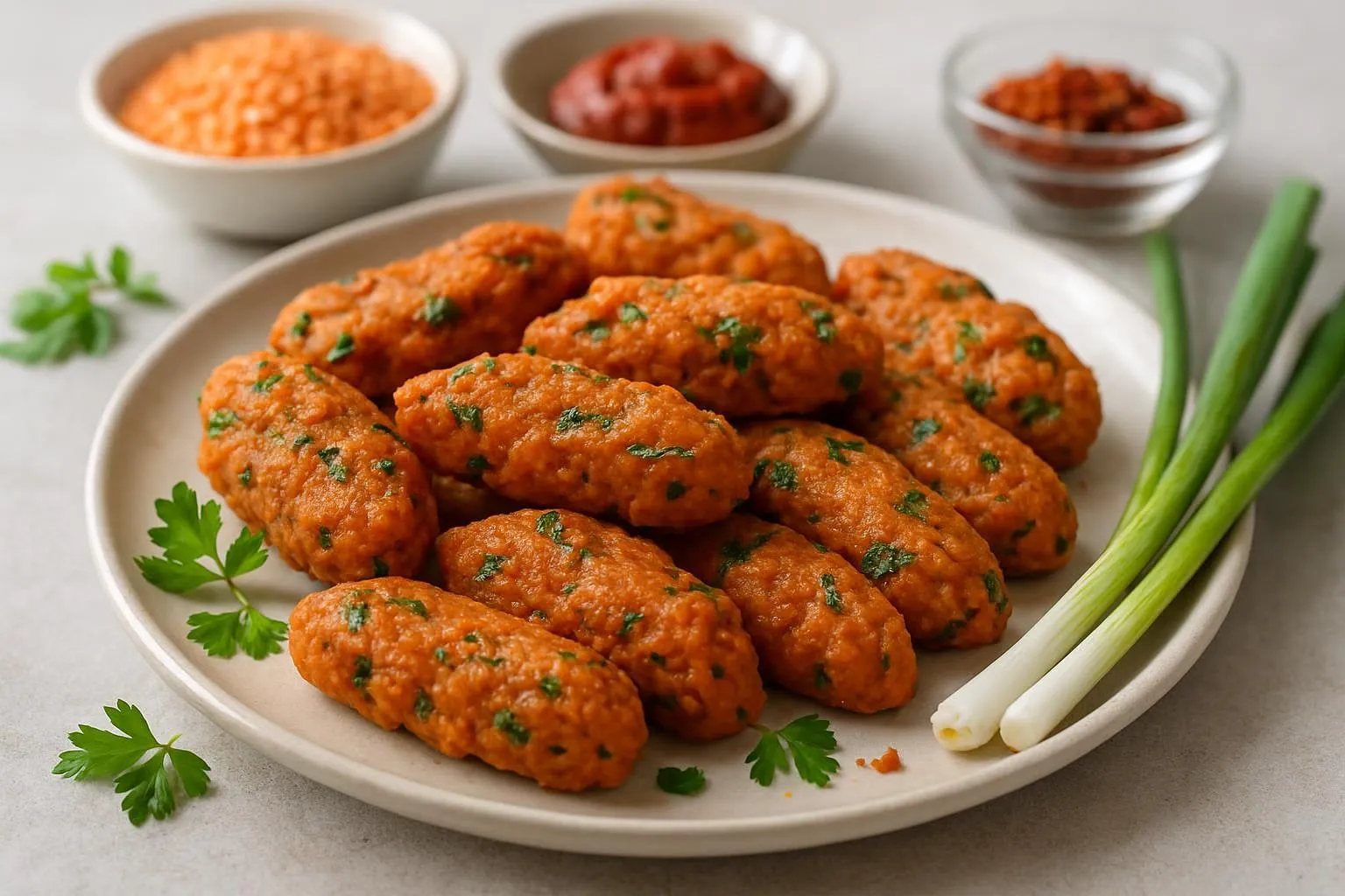 Turkish Kırmızı Mercimek Köftesi with Spring Onion and Dried Red Pepper