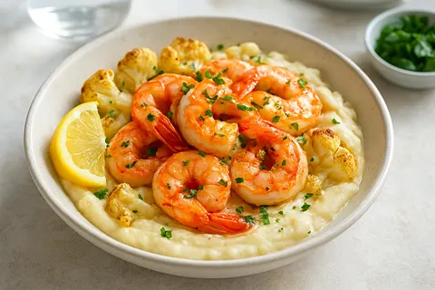 Sautéed Garlic Shrimp Breakfast Bowl with Cauliflower Purée