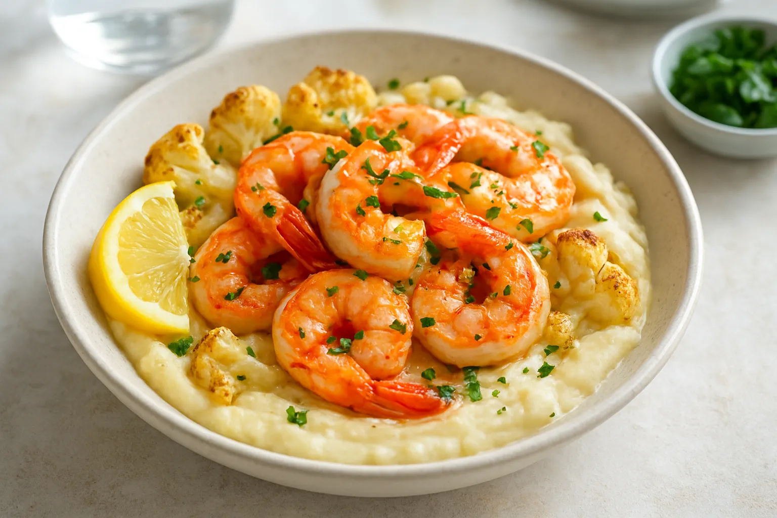 Sautéed Garlic Shrimp Breakfast Bowl with Cauliflower Purée