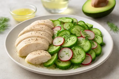 Poached Chicken and Cucumber-Radish Salad with Gentle Vinaigrette