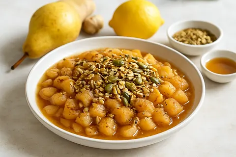 Warm Pear & Ginger Compote with Toasted Seed Mix