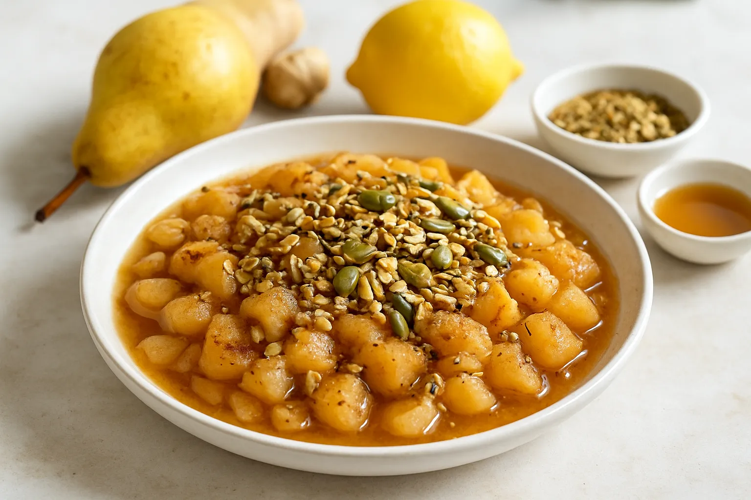 Warm Pear & Ginger Compote with Toasted Seed Mix
