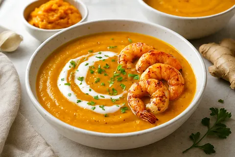 Spiced Pumpkin Soup with Coconut Cream and Grilled Shrimp