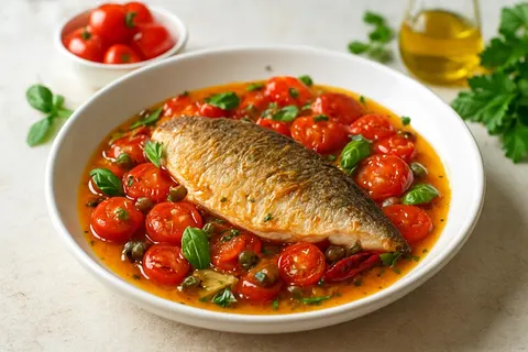 Sicilian Acqua Pazza with Sea Bream, Cherry Tomatoes and Capers