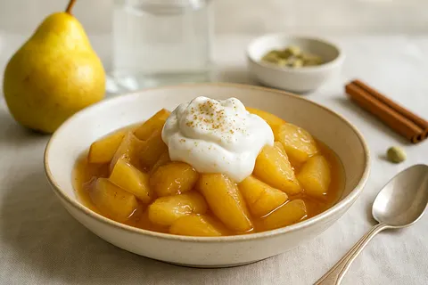 Steamed Pear-Cardamom Compote with Unsweetened Coconut Cream