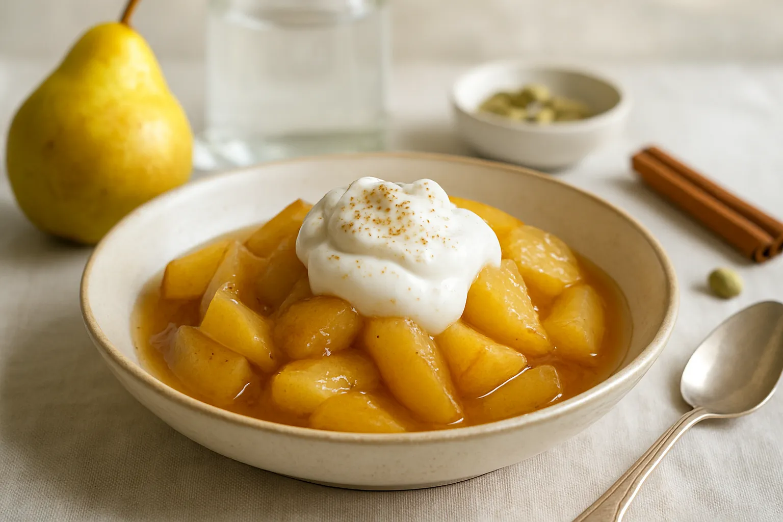 Steamed Pear-Cardamom Compote with Unsweetened Coconut Cream