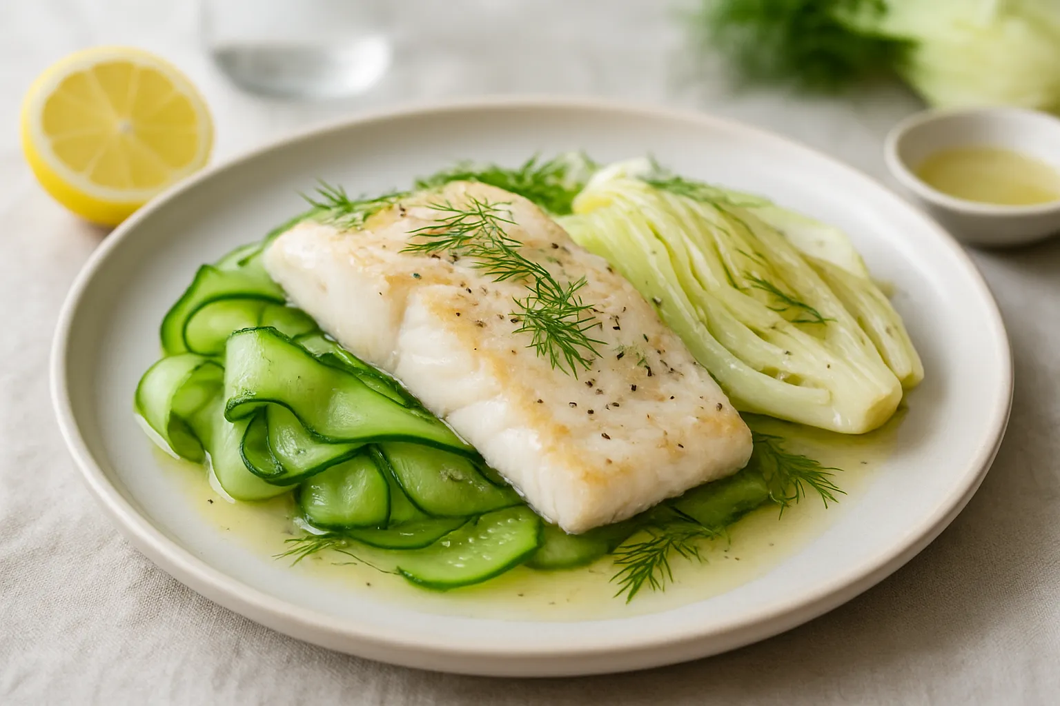 Poached Sea Bass with Steamed Fennel and Cucumber Ribbons