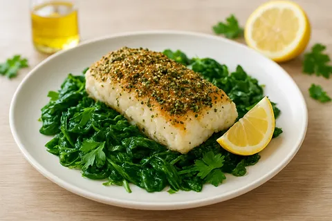 Herb-Crusted Baked Cod & Greens Breakfast