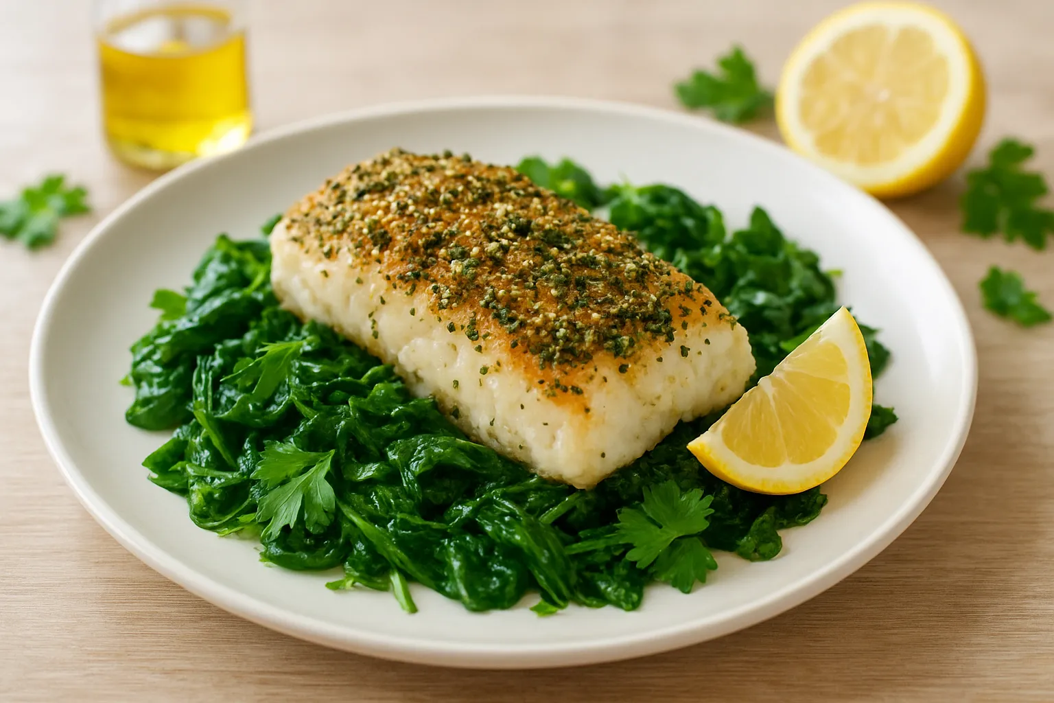 Herb-Crusted Baked Cod & Greens Breakfast