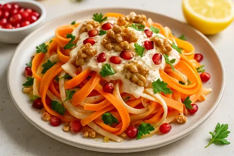 Anatolian Celeriac & Carrot Ribbon Salad with Walnut Tarator and Pomegranate