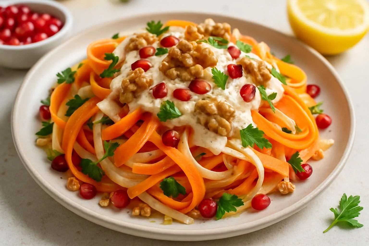 Anatolian Celeriac & Carrot Ribbon Salad with Walnut Tarator and Pomegranate