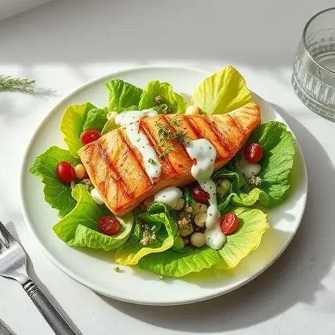 Grilled Salmon & Butter Lettuce Salad with Dill-Yogurt Dressing