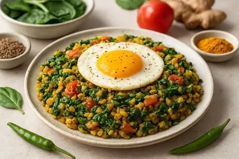 Savory Moong Dal & Spinach Breakfast Kitchari with Turmeric Egg