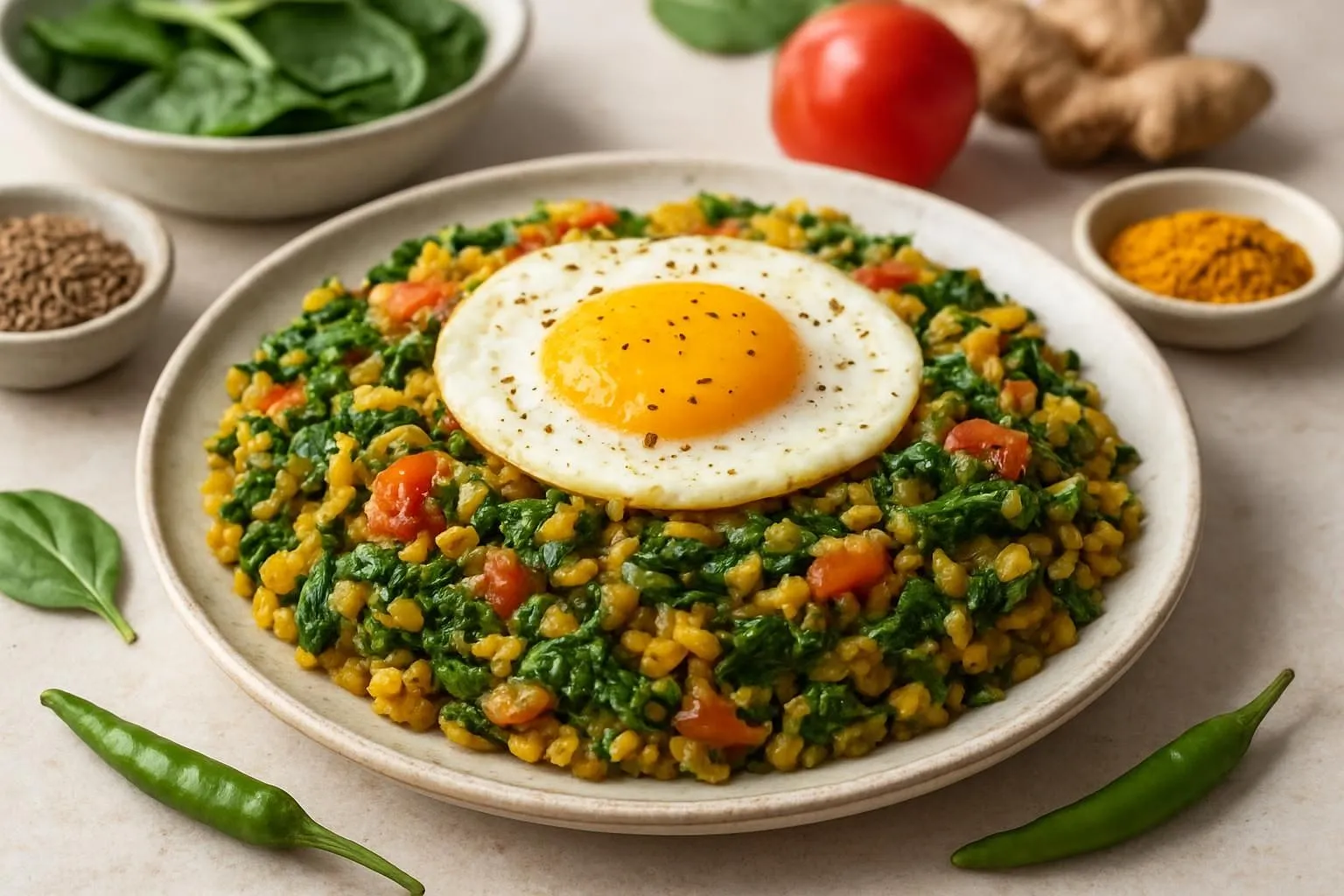Savory Moong Dal & Spinach Breakfast Kitchari with Turmeric Egg